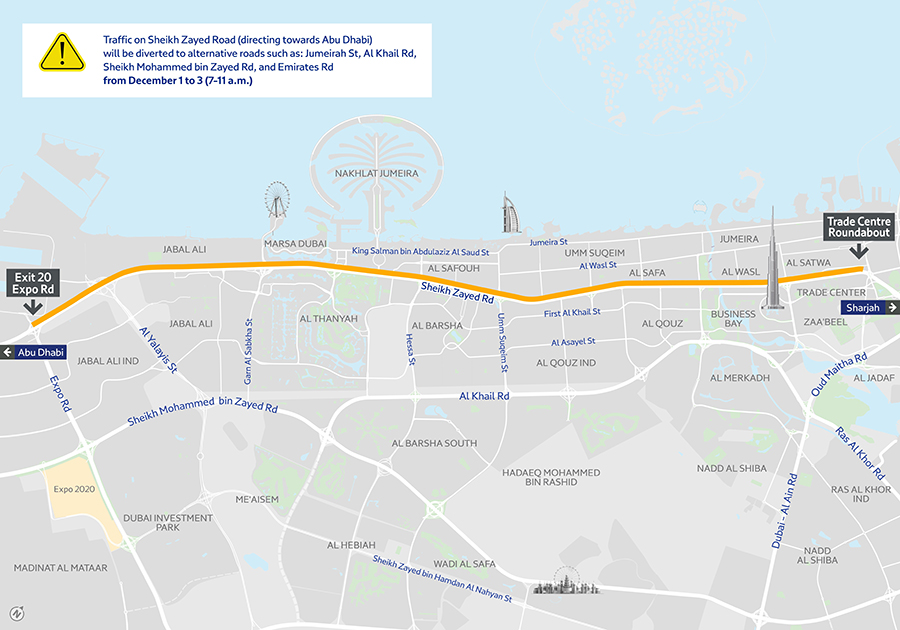 Image for RTA To Divert Traffic On Roads Leading To Sheikh Zayed Road In Direction Of Abu Dhabi On Occasion Of COP28