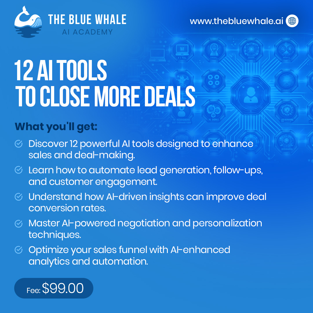 Image for The BlueWhale AI Academy Launches A New Course – 12 AI Tools To Close More Deals